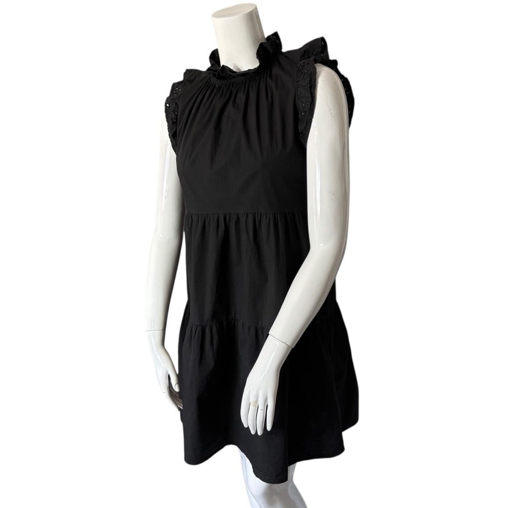Valentina Naldi Made in Italy Black Cotton Tiered Dress Ruffle Eyelet Sleeves, M - Picture 3 of 13